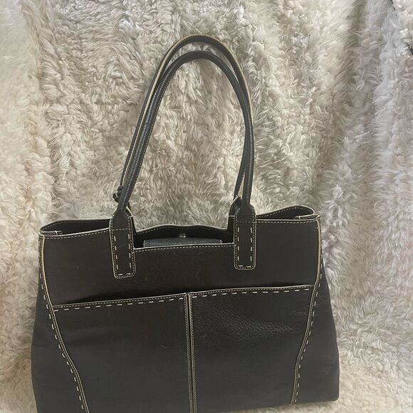 Franklin Covey Black Genuine Leather beige stitch shoulder bag tassel accent - Picture 7 of 13